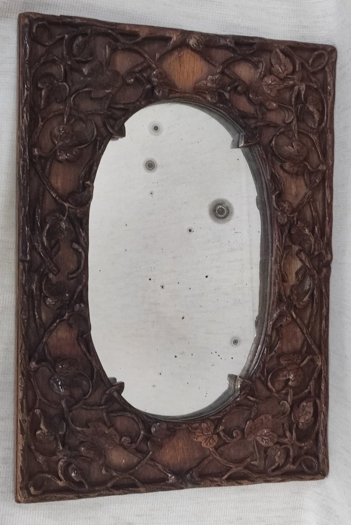 Antique 19th-century Black Forest Mirror, Natural Carved Wood With Ivy And Tree Design