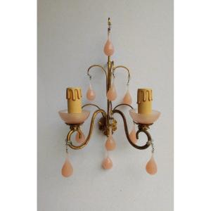 Wall Lamp Golden Brass Tassels Murano Pink