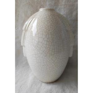 Vase Art Déco Céramique émail Blanc Craquelé 