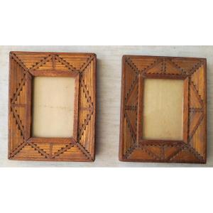 paire de cadres art populaire bois marqueterie feuillure 8 cm x 6 cm 