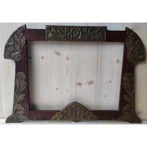 Antique Art Nouveau Frame In Wood And Repoussé Brass With A Rabbeted Edge, 42 Cm X 32 Cm 