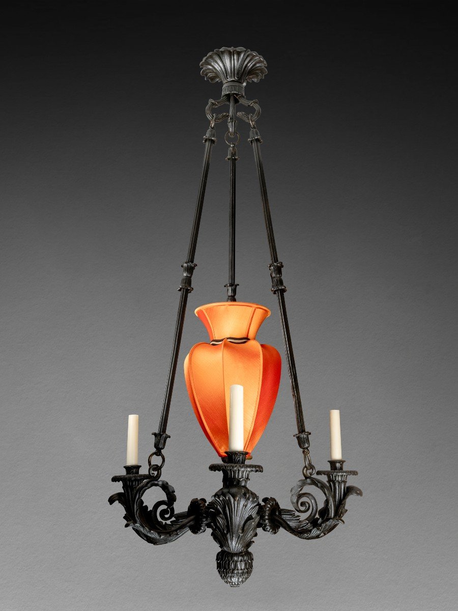Antique Chandelier With Four Lights In Patinated Bronze, Restoration Period, Circa 1830-photo-2