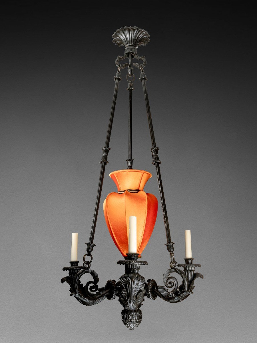 Lustre à L’antique à Quatre Feux En Bronze Patiné, Epoque Restauration, Circa 1830-photo-2