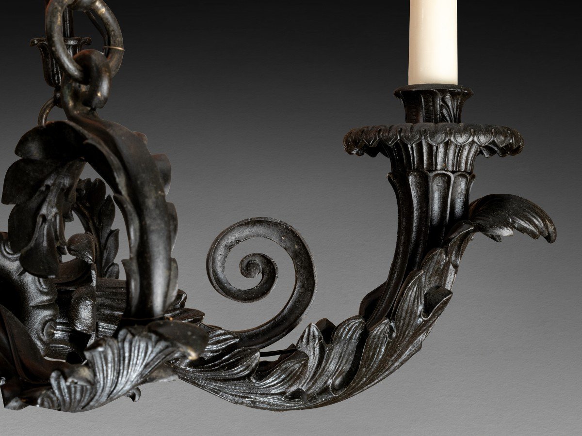 Antique Chandelier With Four Lights In Patinated Bronze, Restoration Period, Circa 1830-photo-3