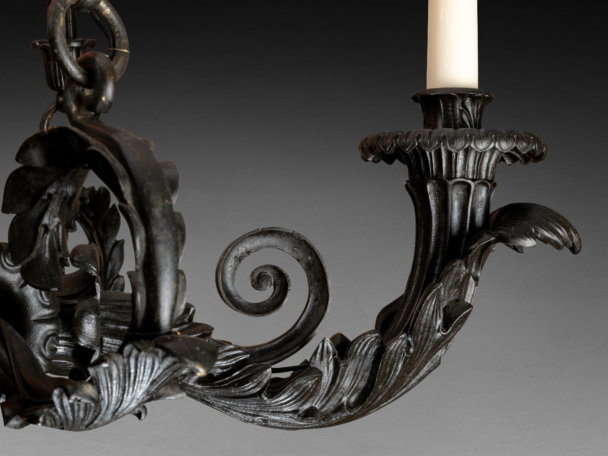 Lustre à L’antique à Quatre Feux En Bronze Patiné, Epoque Restauration, Circa 1830-photo-3