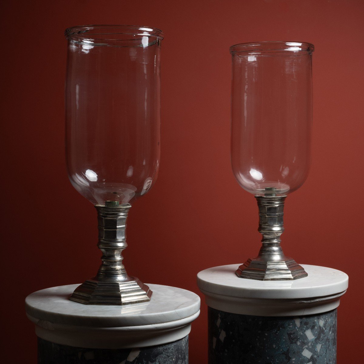 Pair Of  Silvered Copper Hurricane Glass Regency Candlesticks, Early 18th Century
