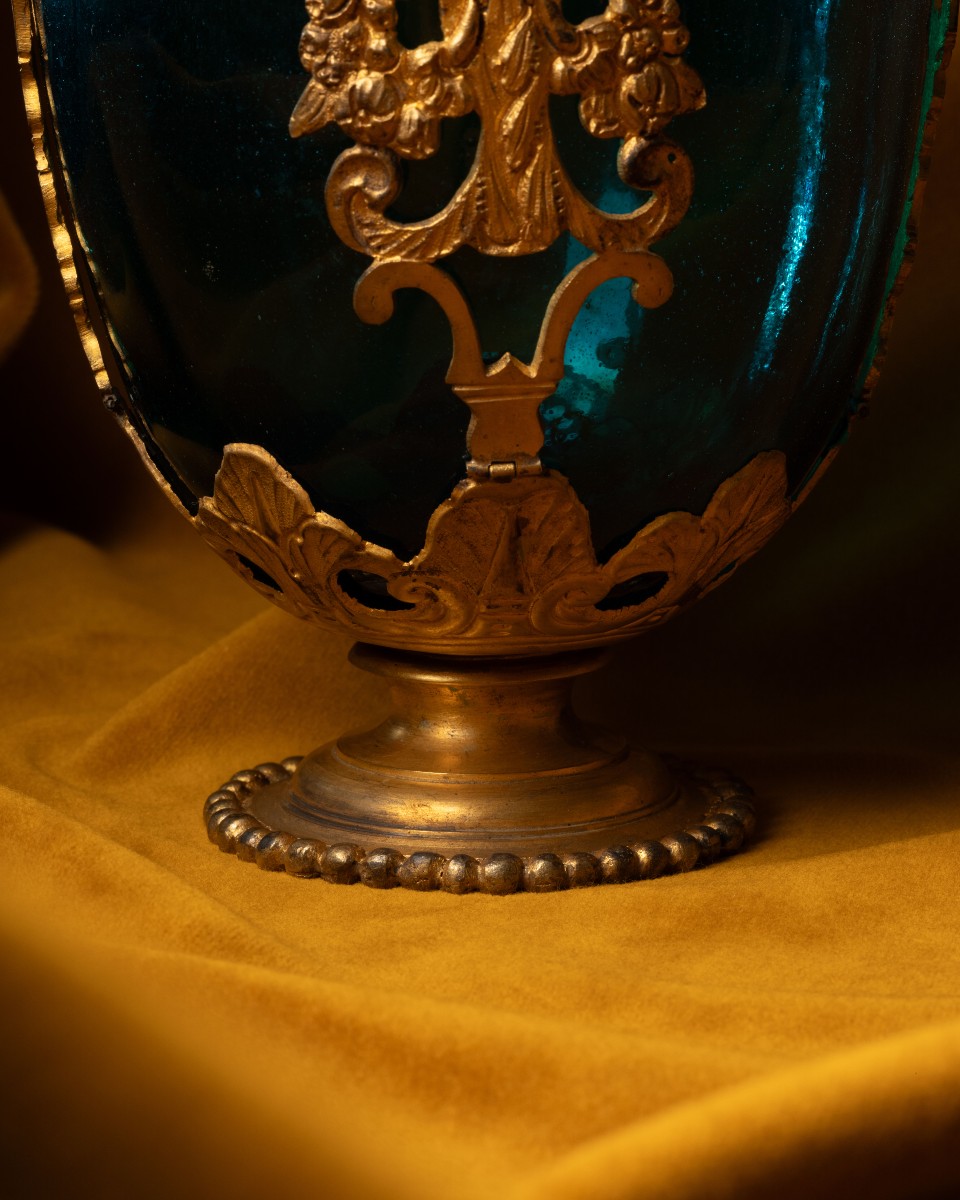 Vase médicéen en verre bleu, cuivre et bronze dorés-photo-3