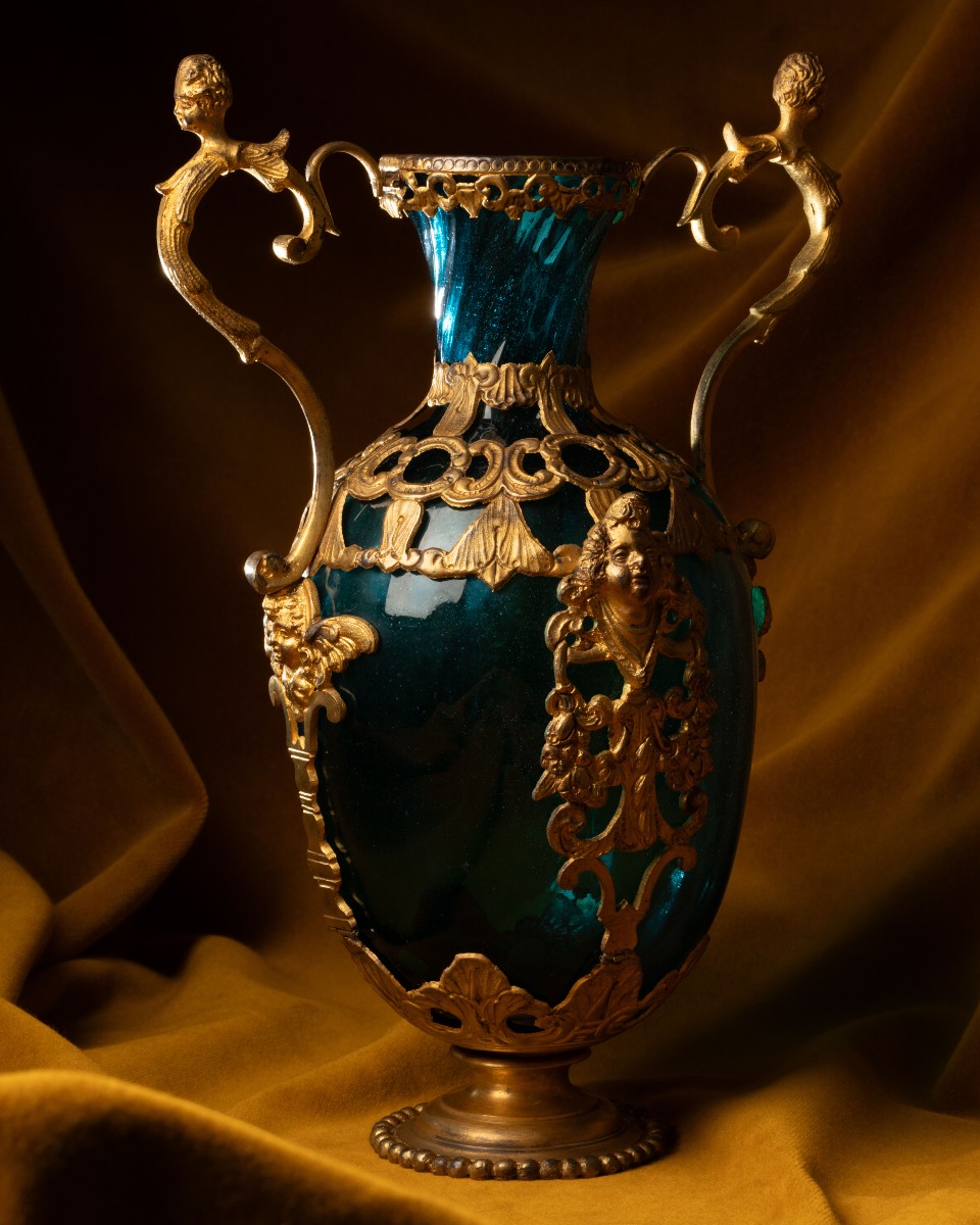Vase médicéen en verre bleu, cuivre et bronze dorés-photo-4