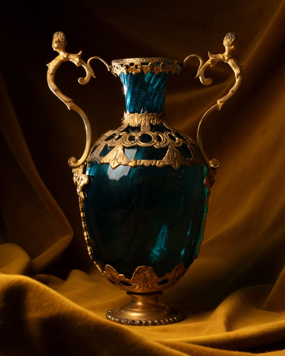 Vase médicéen en verre bleu, cuivre et bronze dorés-photo-1