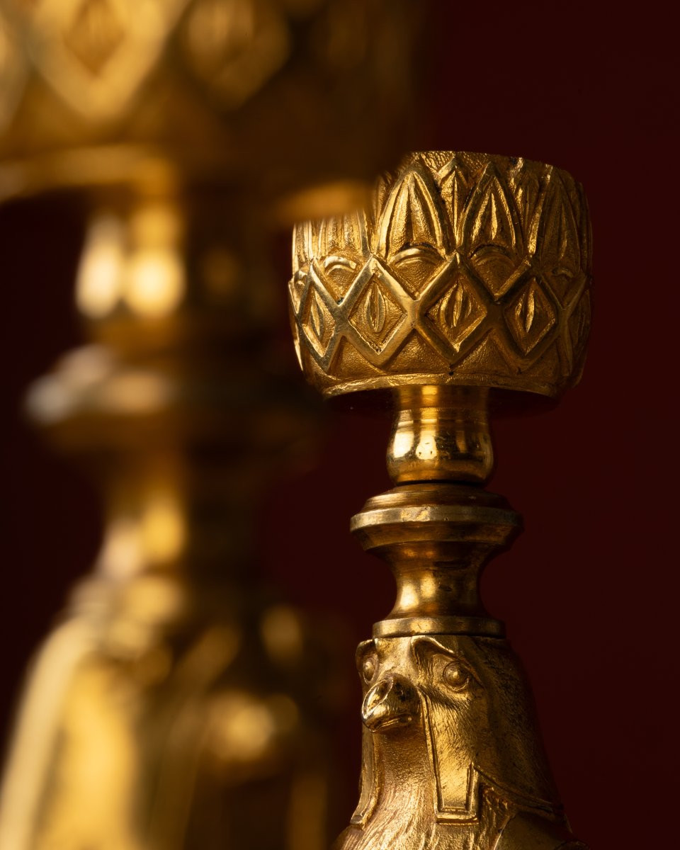 Paire de bougeoirs égyptomanes avec figure d'Horus et jaspe Kalgan-photo-4