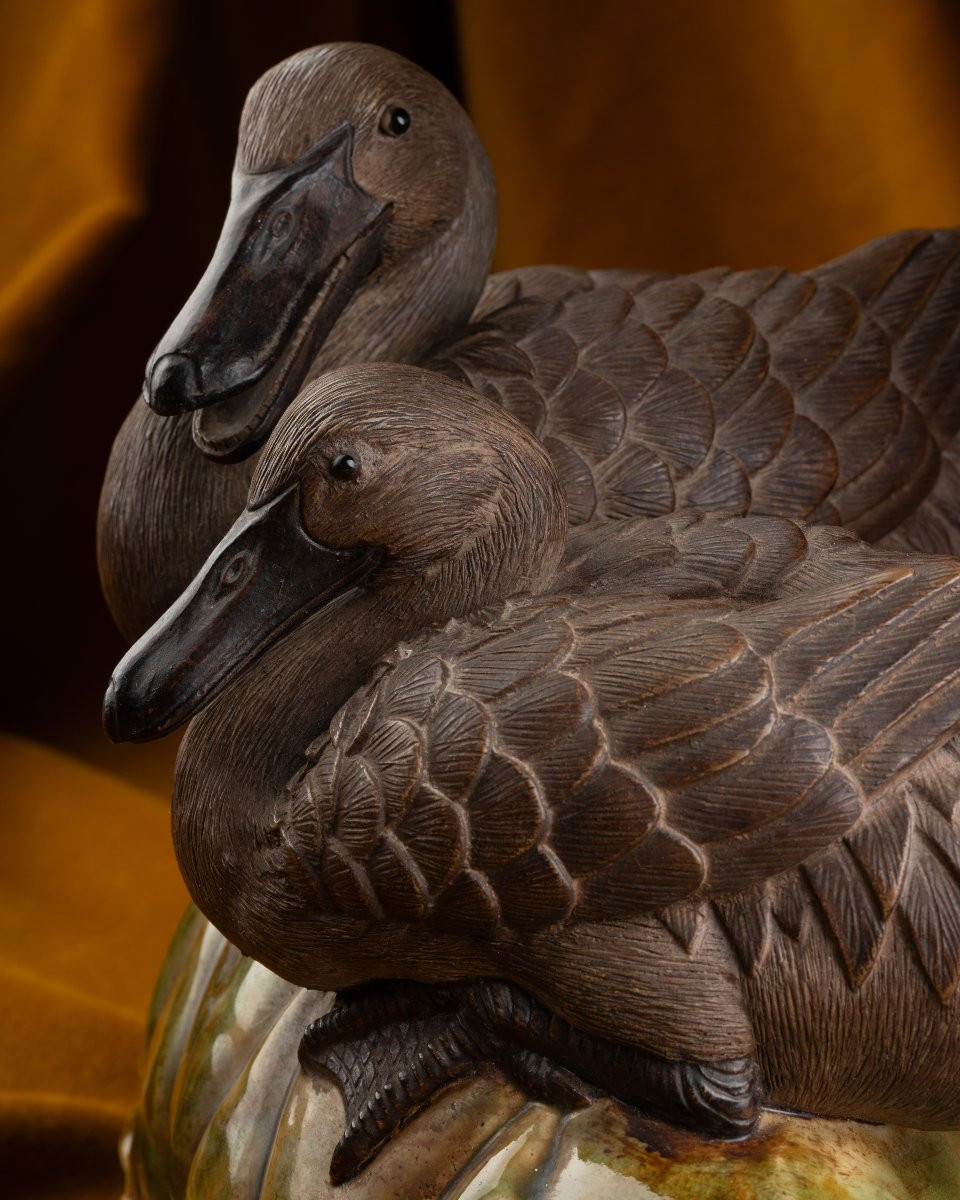 Couple de sarcelles sur une feuille de lotus-photo-1