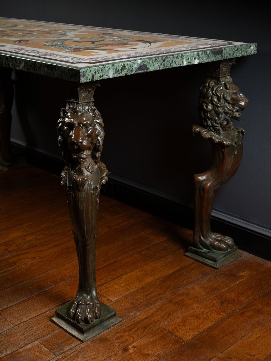 A Polychrome Marble Intarsia Table With Bronze Trapezophoroi-photo-4