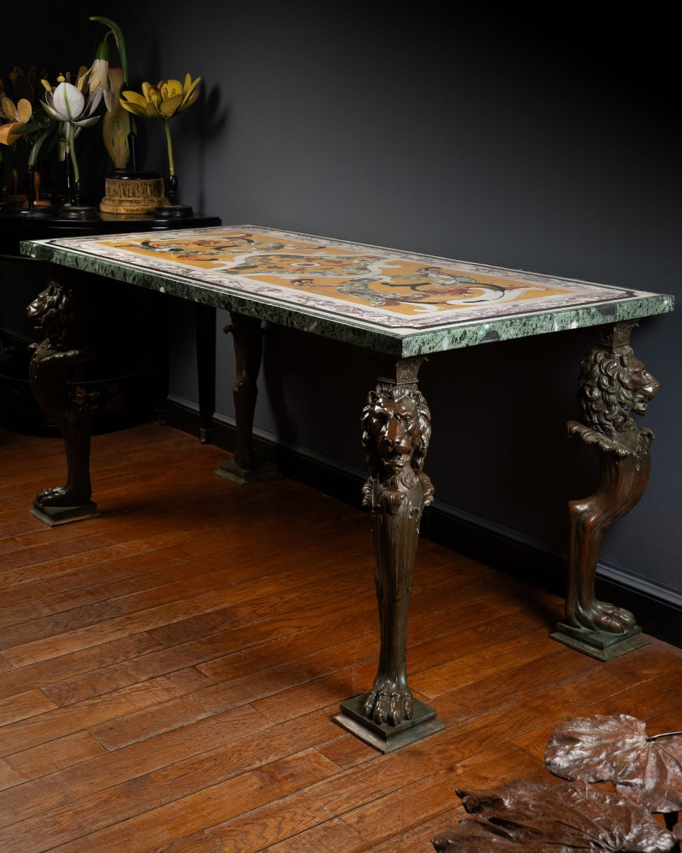 A Polychrome Marble Intarsia Table With Bronze Trapezophoroi-photo-1