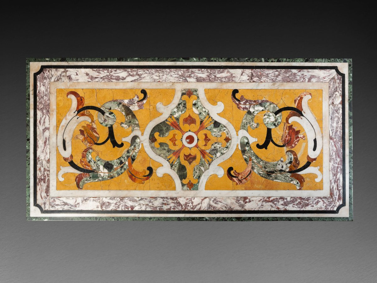 A Polychrome Marble Intarsia Table With Bronze Trapezophoroi-photo-2