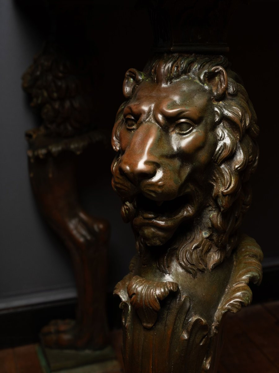 A Polychrome Marble Intarsia Table With Bronze Trapezophoroi-photo-5