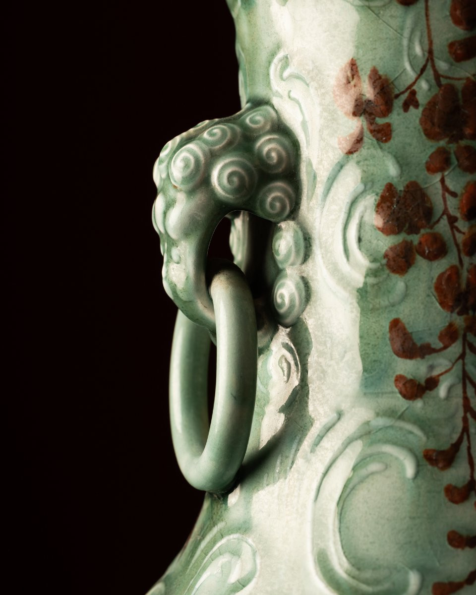 A Large Celadon Vase By Théodore Deck, With A Decoration Attributed To éléonore Escallier-photo-2