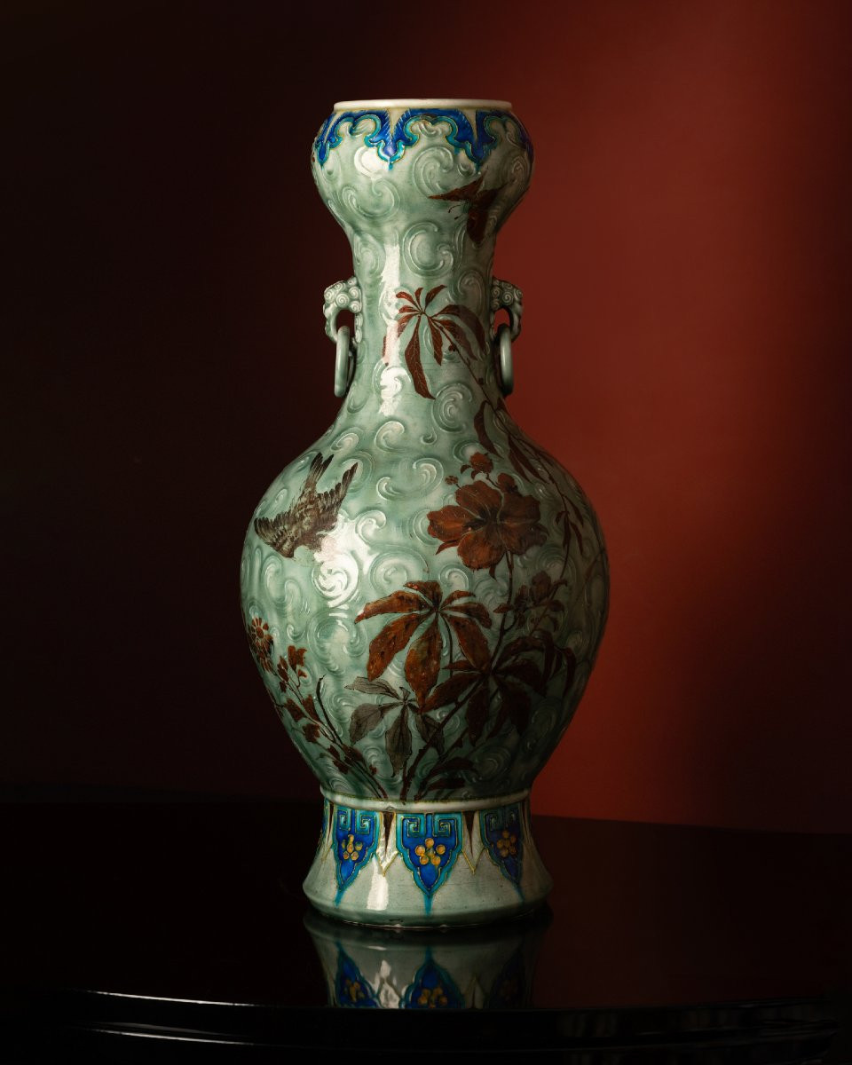 A Large Celadon Vase By Théodore Deck, With A Decoration Attributed To éléonore Escallier-photo-1