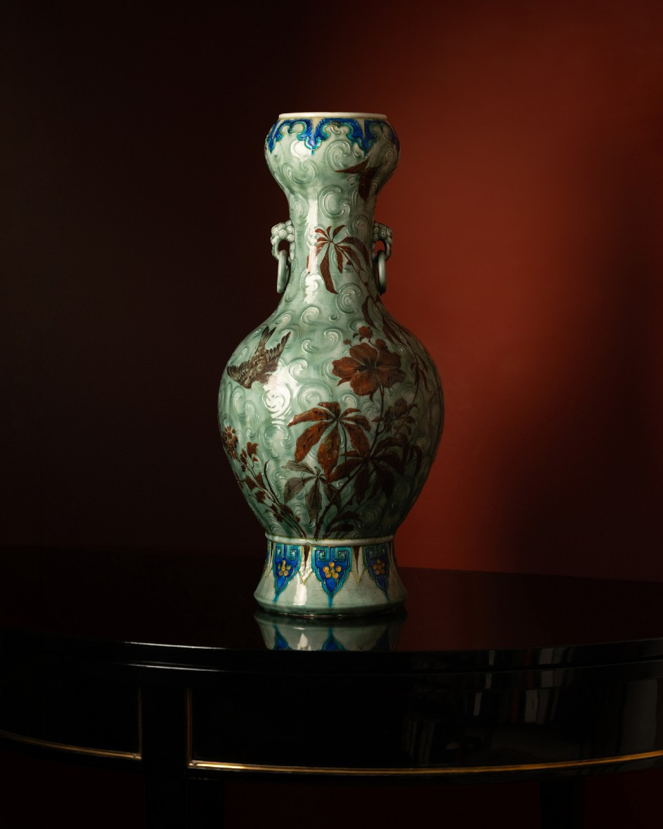 A Large Celadon Vase By Théodore Deck, With A Decoration Attributed To éléonore Escallier