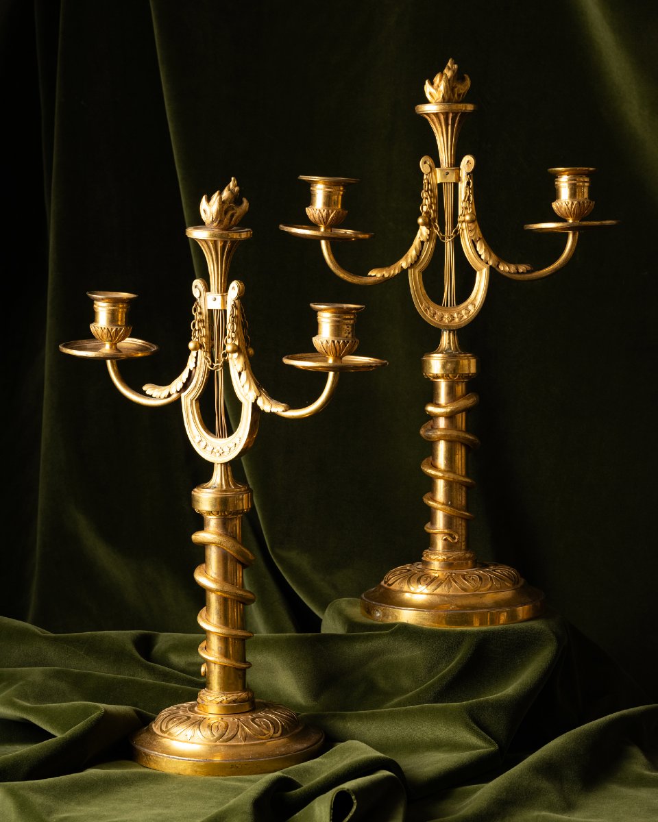 Paire de candélabres aux serpents et aux lyres