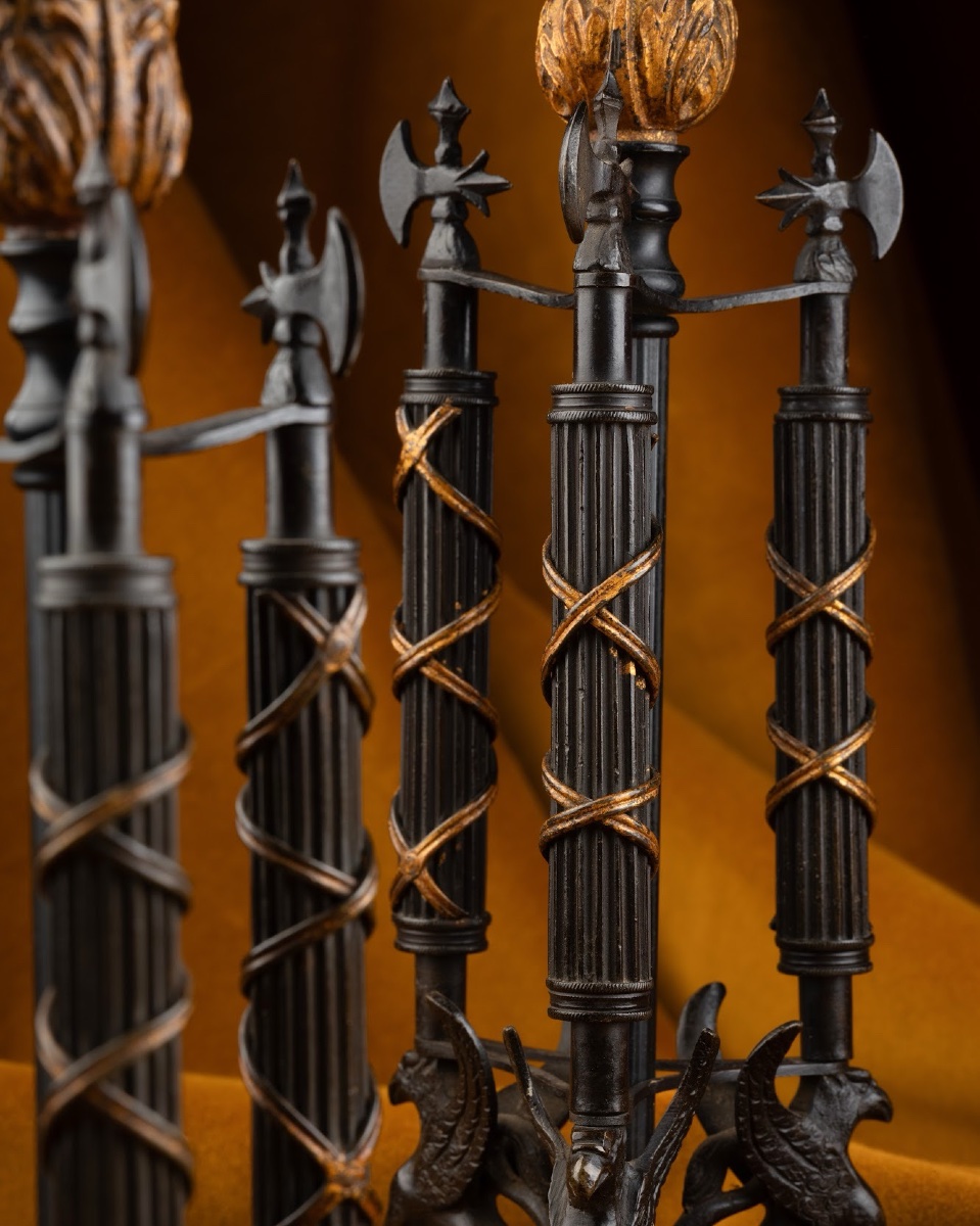 Pair Of Republican-style Candlesticks In Patinated And Gilded Bronze-photo-2