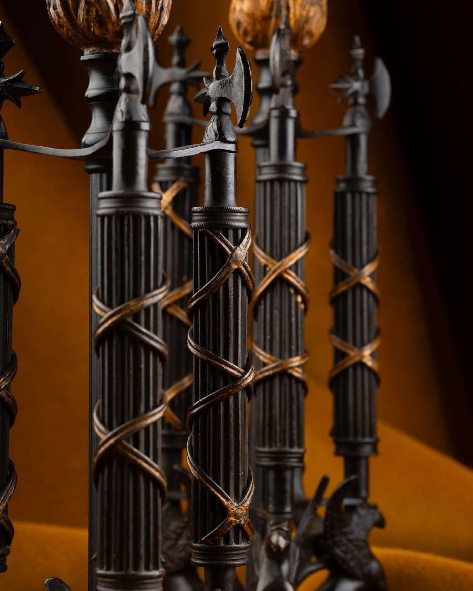 Pair Of Republican-style Candlesticks In Patinated And Gilded Bronze-photo-3