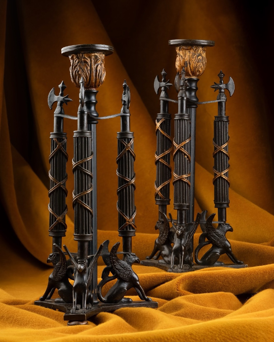 Pair Of Republican-style Candlesticks In Patinated And Gilded Bronze