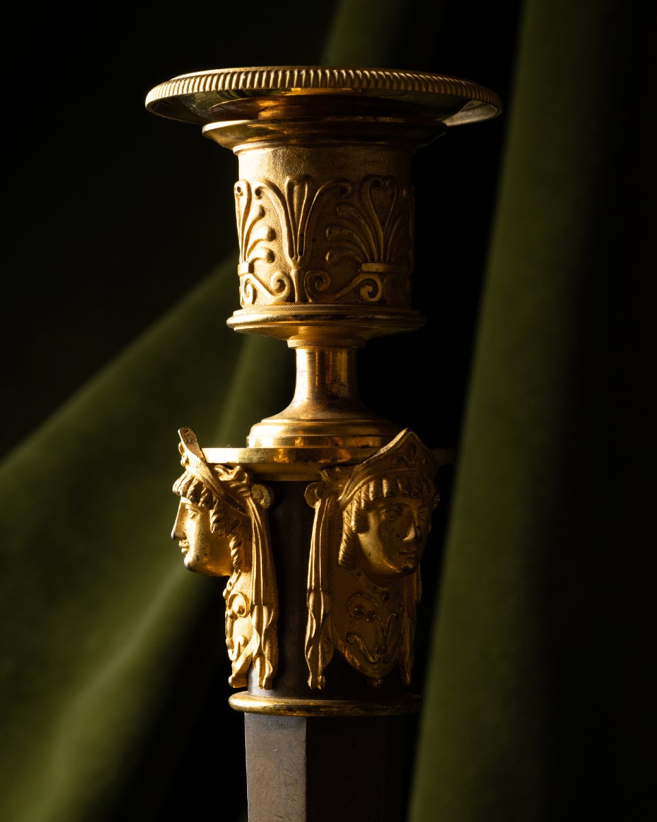 A Set Of Four Empire Parcel-gilt “claw-foot” Candlesticks With Antique Masks-photo-2