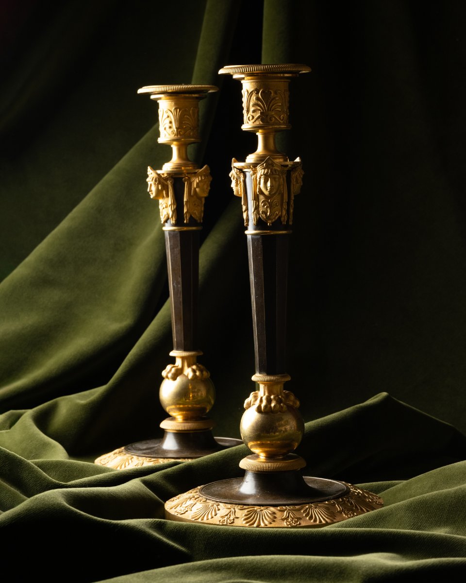 A Set Of Four Empire Parcel-gilt “claw-foot” Candlesticks With Antique Masks-photo-4
