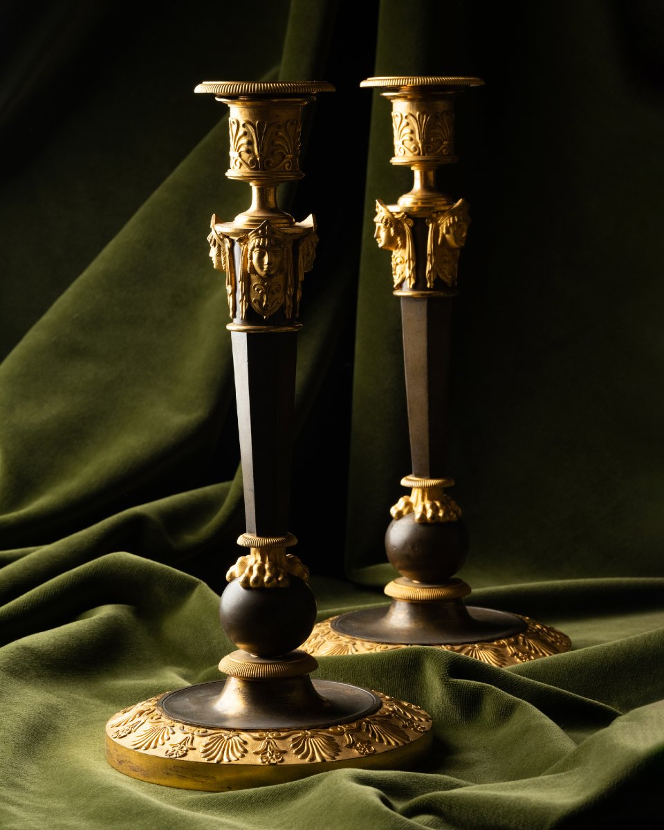 A Set Of Four Empire Parcel-gilt “claw-foot” Candlesticks With Antique Masks-photo-1
