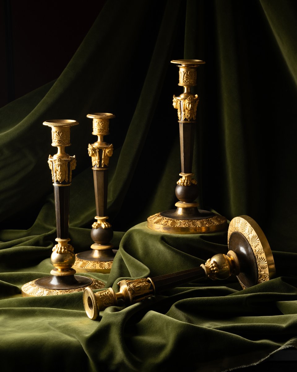 A Set Of Four Empire Parcel-gilt “claw-foot” Candlesticks With Antique Masks-photo-2