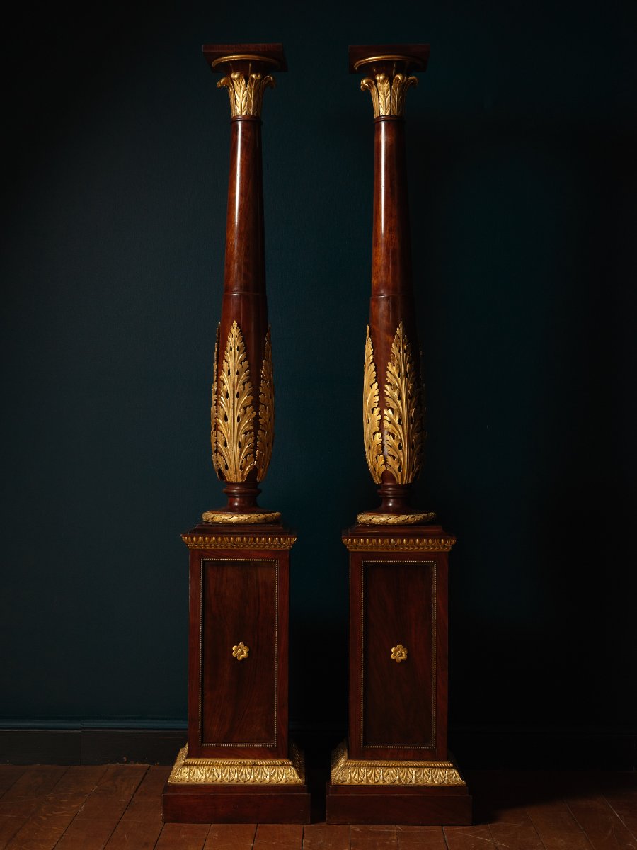 Pair Of Candlesticks Made Of Mahogany And Gilded Wood-photo-3