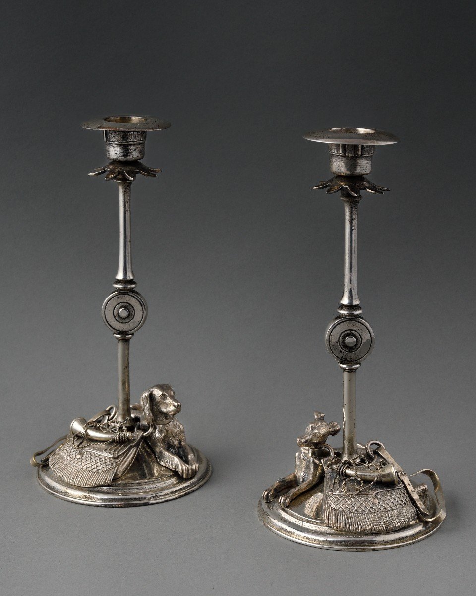 Pair Of Silvered Bronze Hunting Candlesticks 