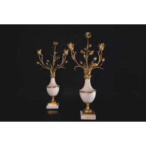 Pair Of Candelabras With Bouquets - 19th Century