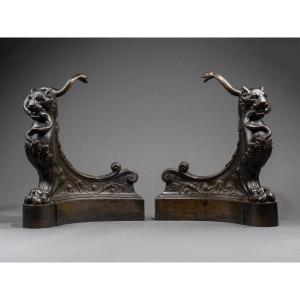 Pair Of Andirons With Lionesses - 19th Century