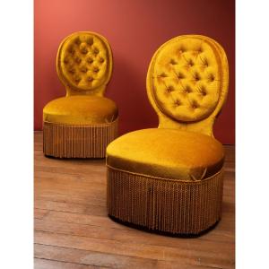 Pair Of Padded Low Chairs In Saffron Velvet - 20th Century