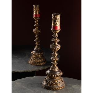 Tall Pegu, Black Lacquer And Cinnabar, Gilt Candlesticks