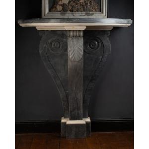 Console demi-lune à volute en marbres bleu Turquin et blanc de Carrare