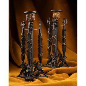 Pair Of Republican-style Candlesticks In Patinated And Gilded Bronze