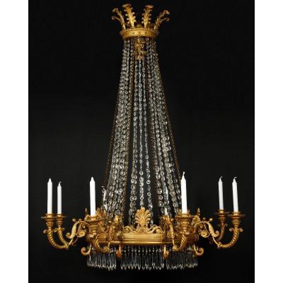  Lustre En Bois Doré Et Cristal, Italie, Vers 1830 