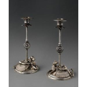 Pair Of Silvered Bronze Hunting Candlesticks 