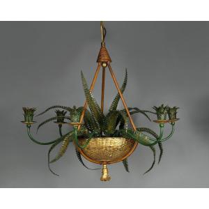 Chandelier With Basket Of Ferns - Attributed To The Baguès House