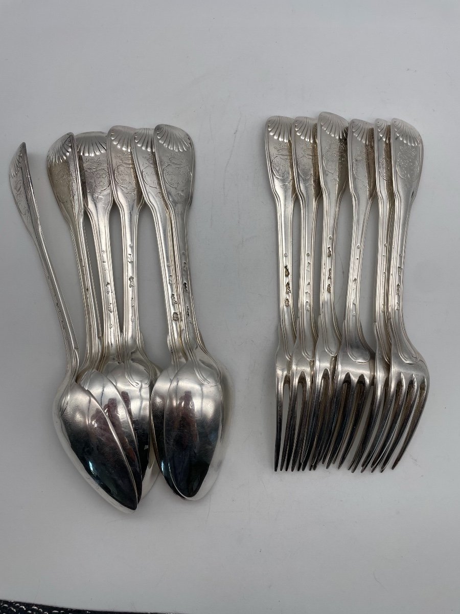Suite Of 6 18th Century Silver Cutlery Nets Shells-photo-2