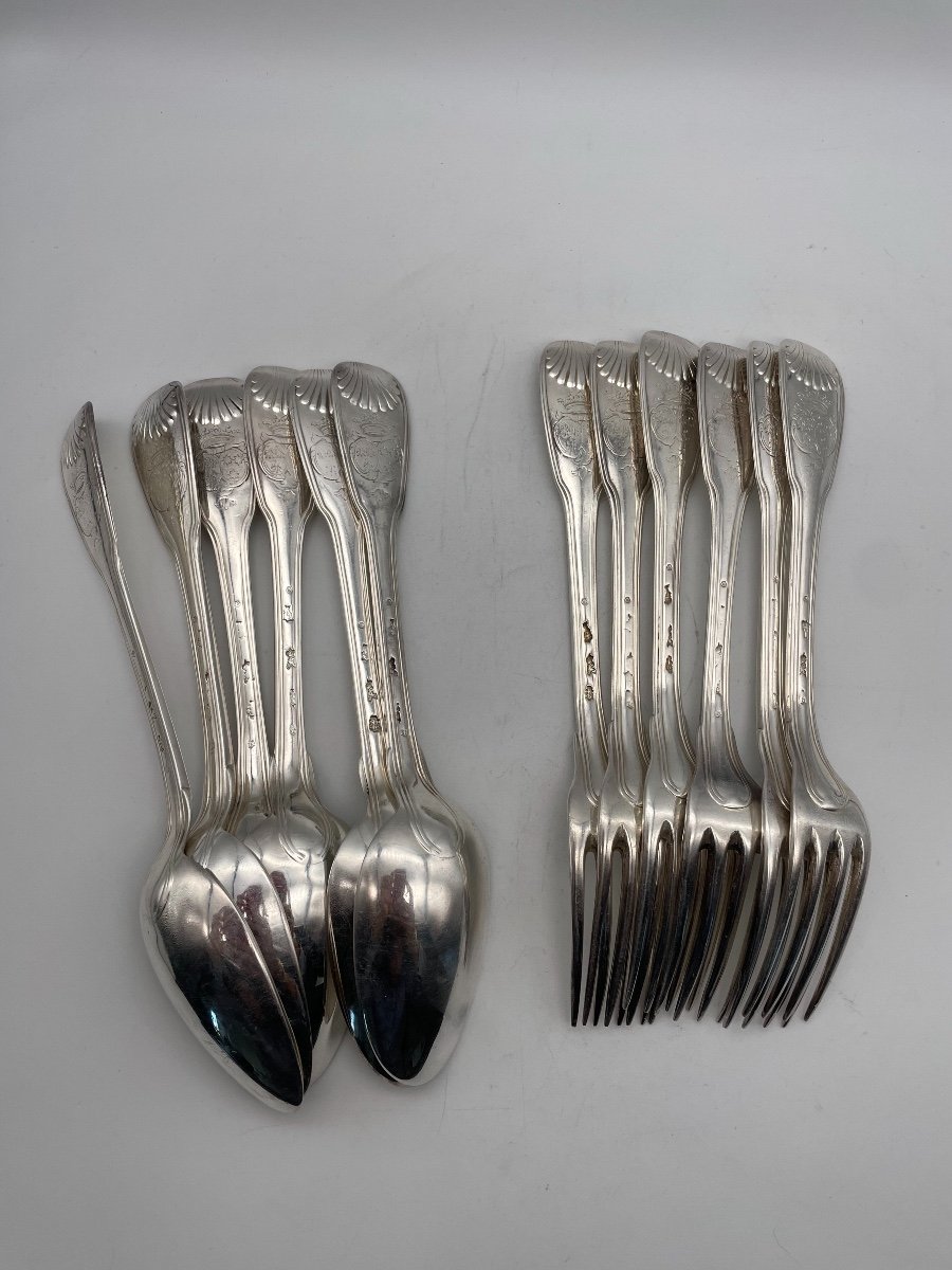 Suite Of 6 18th Century Silver Cutlery Nets Shells-photo-4
