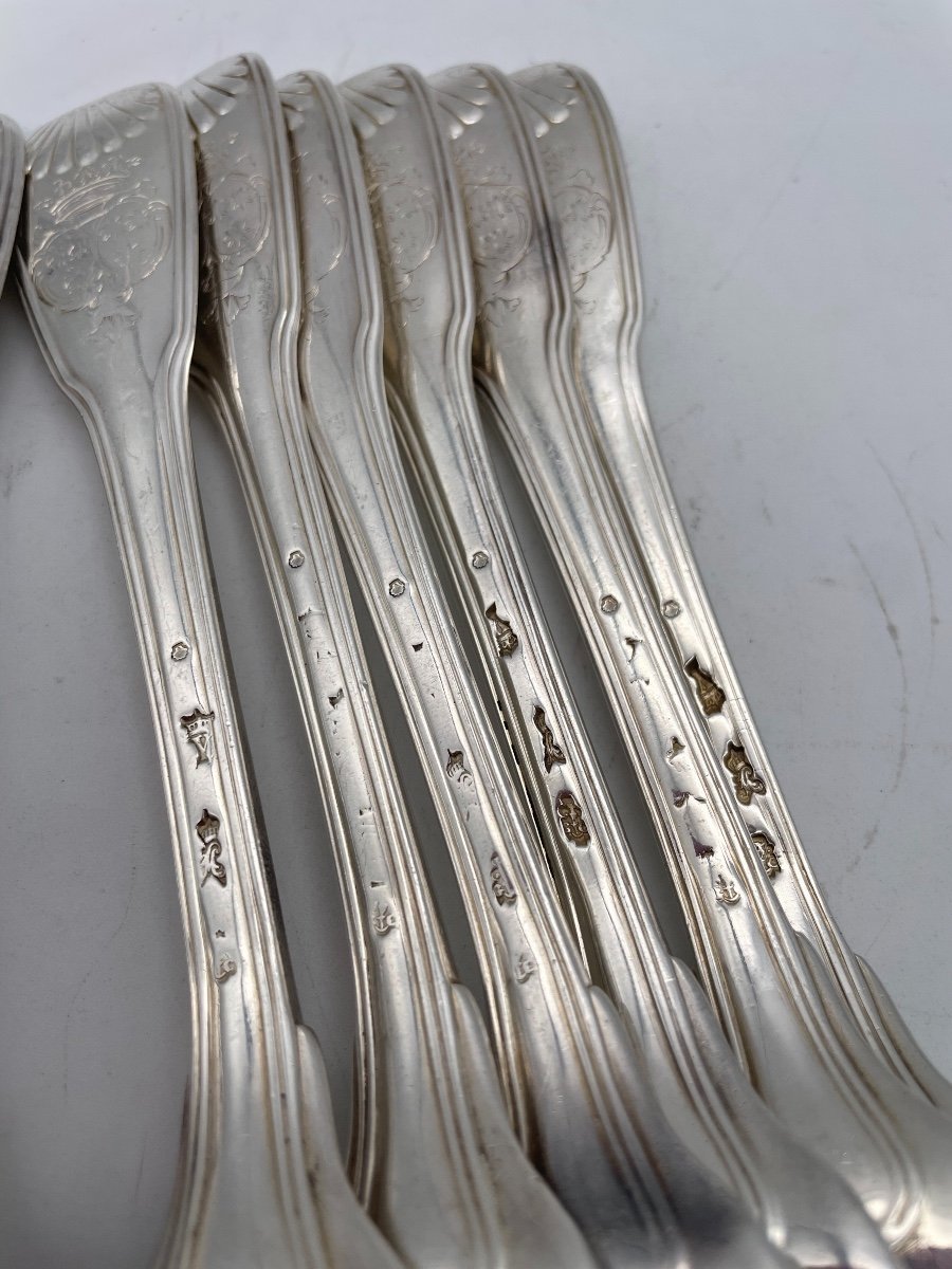 Suite Of 6 18th Century Silver Cutlery Nets Shells-photo-3