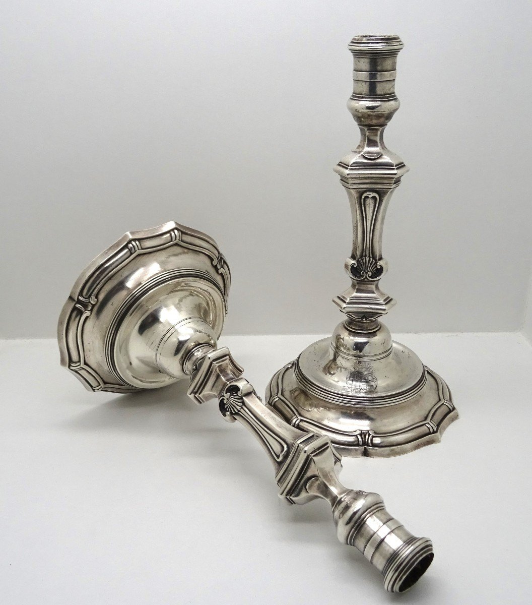 Rennes 1750 Paire De Flambeaux En Argent XVIIIe Armoiries -photo-2