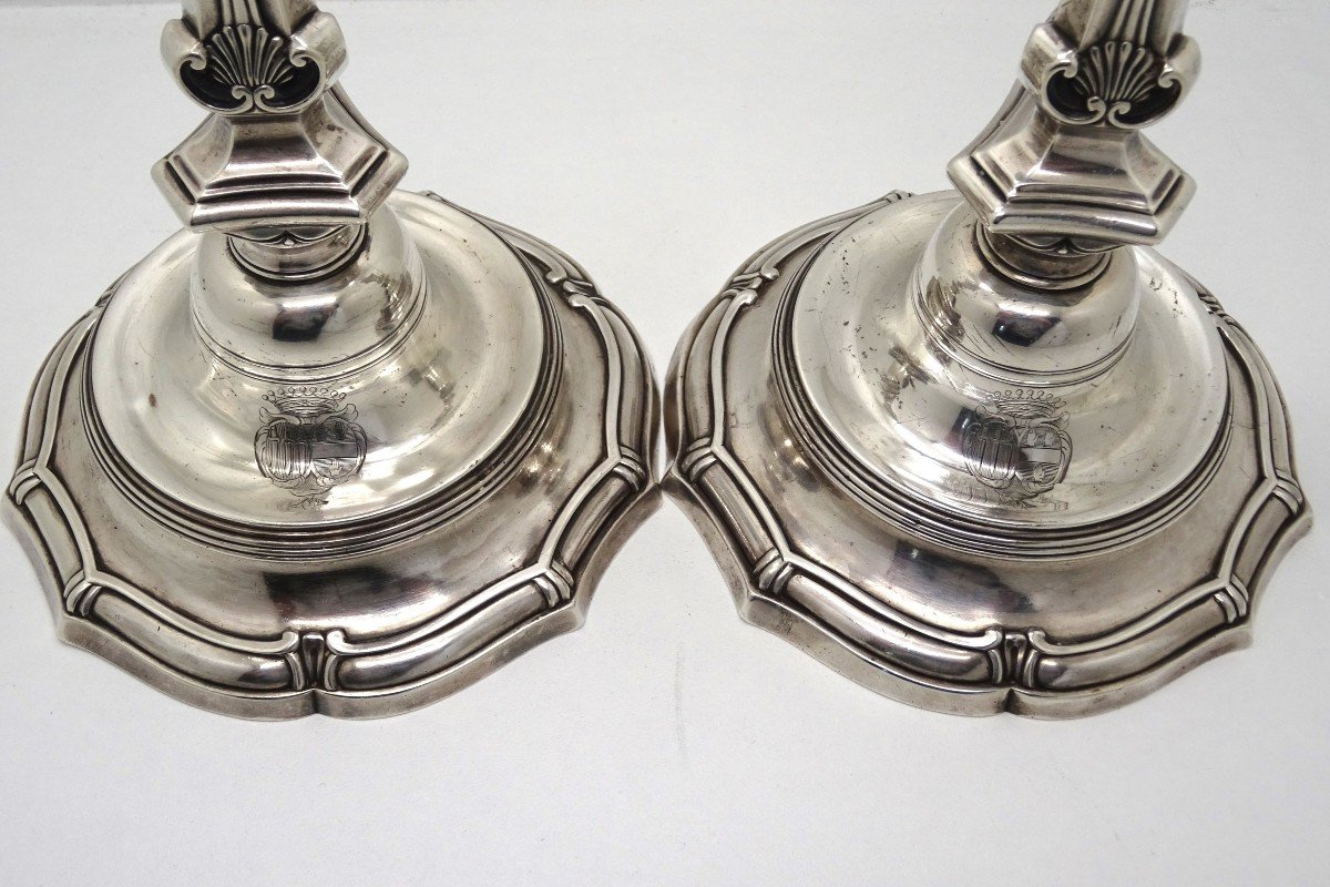 Rennes 1750 Paire De Flambeaux En Argent XVIIIe Armoiries -photo-4