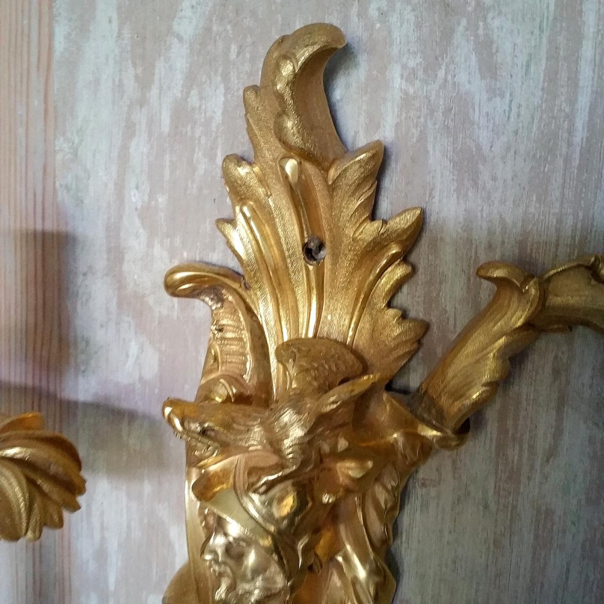 Paire Appliques Bronze Doré Style Régence-photo-4