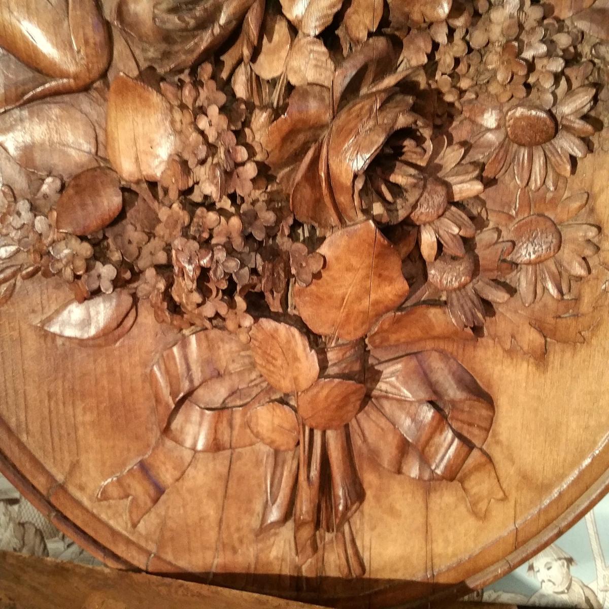 Médaillon Bouquet De Fleurs En Bois Fruitier XIXème-photo-3