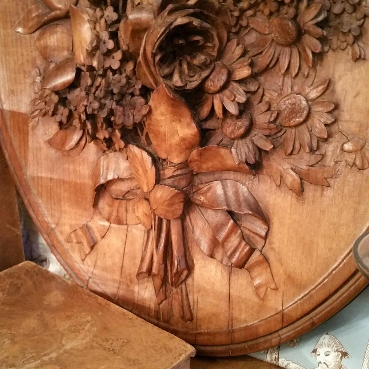 Médaillon Bouquet De Fleurs En Bois Fruitier XIXème-photo-1