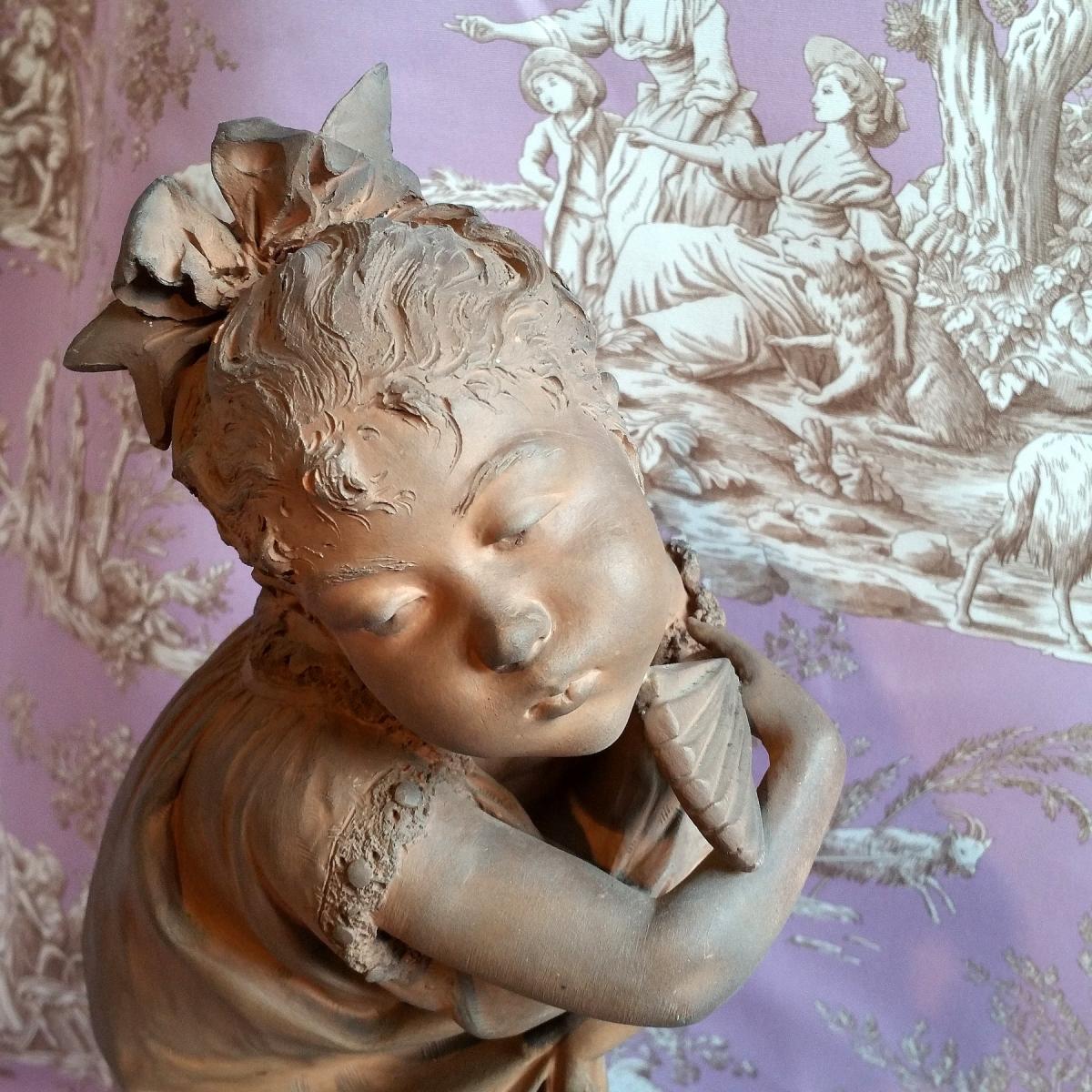 Terre Cuite "jeune Fille à l'éventail" XIXème